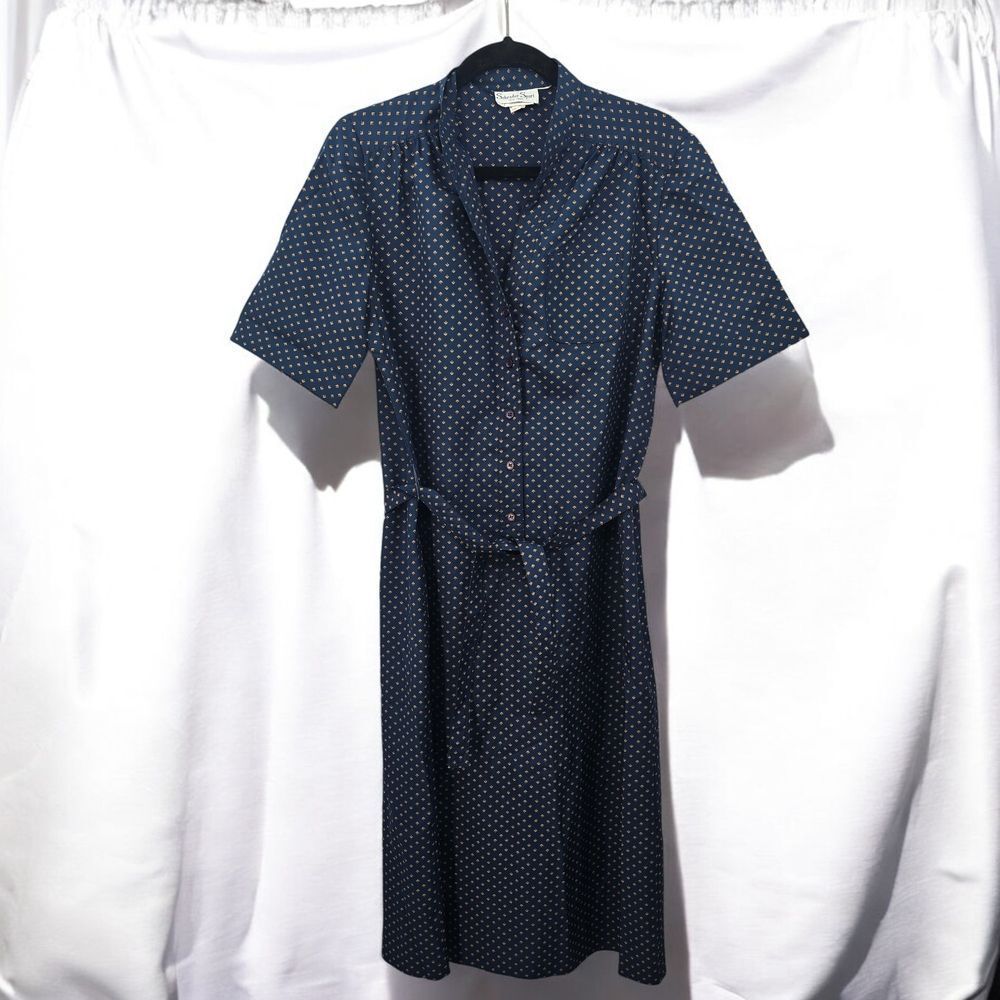 Vintage Schrader Sport Shirt Dress Navy Blue Gold Floral‎ Print Button Down SML?